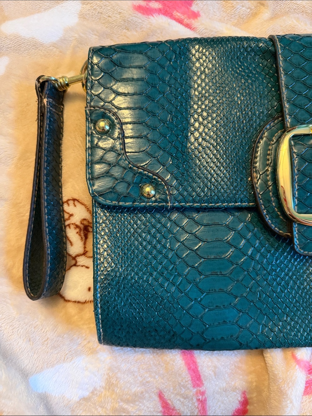 Deep Teal Animal Skin Faux Leather Clutch Gold Buckle Glossy Purse Handbag - Picture 3 of 10